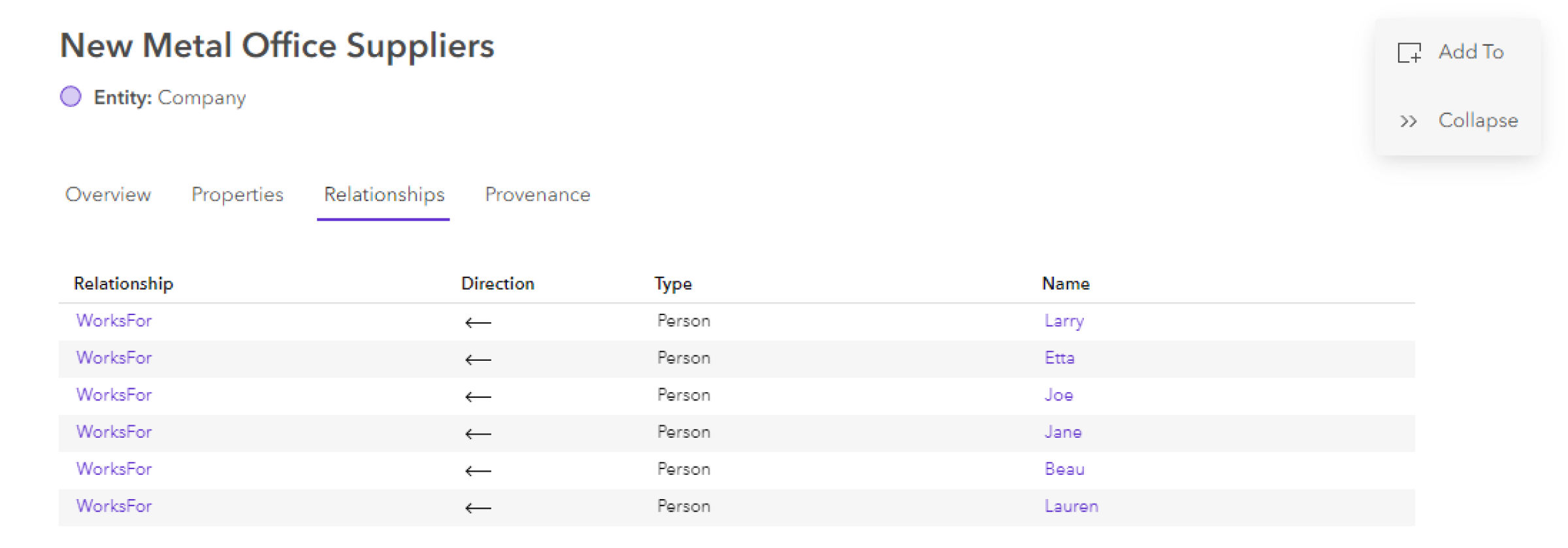 Relationships tab of an entity data card Relationships tab of an entity data card